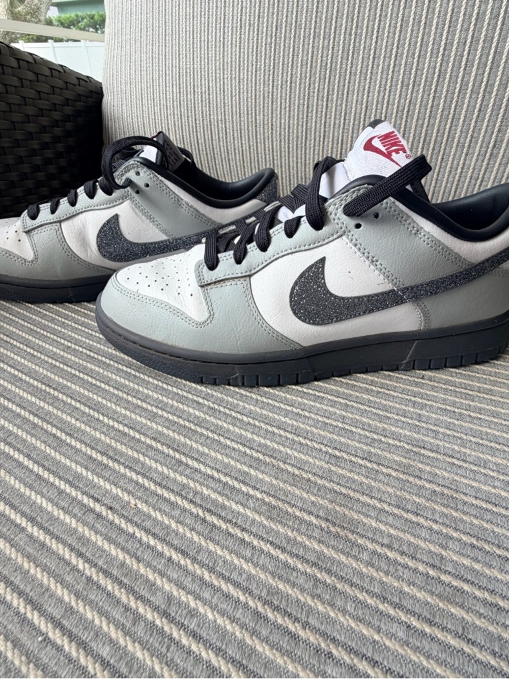 Nike Men’s Dunk Low — Gray, White & Black Sparkle Swoosh